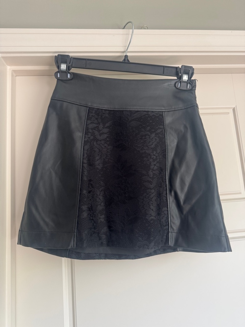 Bebe Black Leather A-Line Skirt with Lace Panel - Size 4